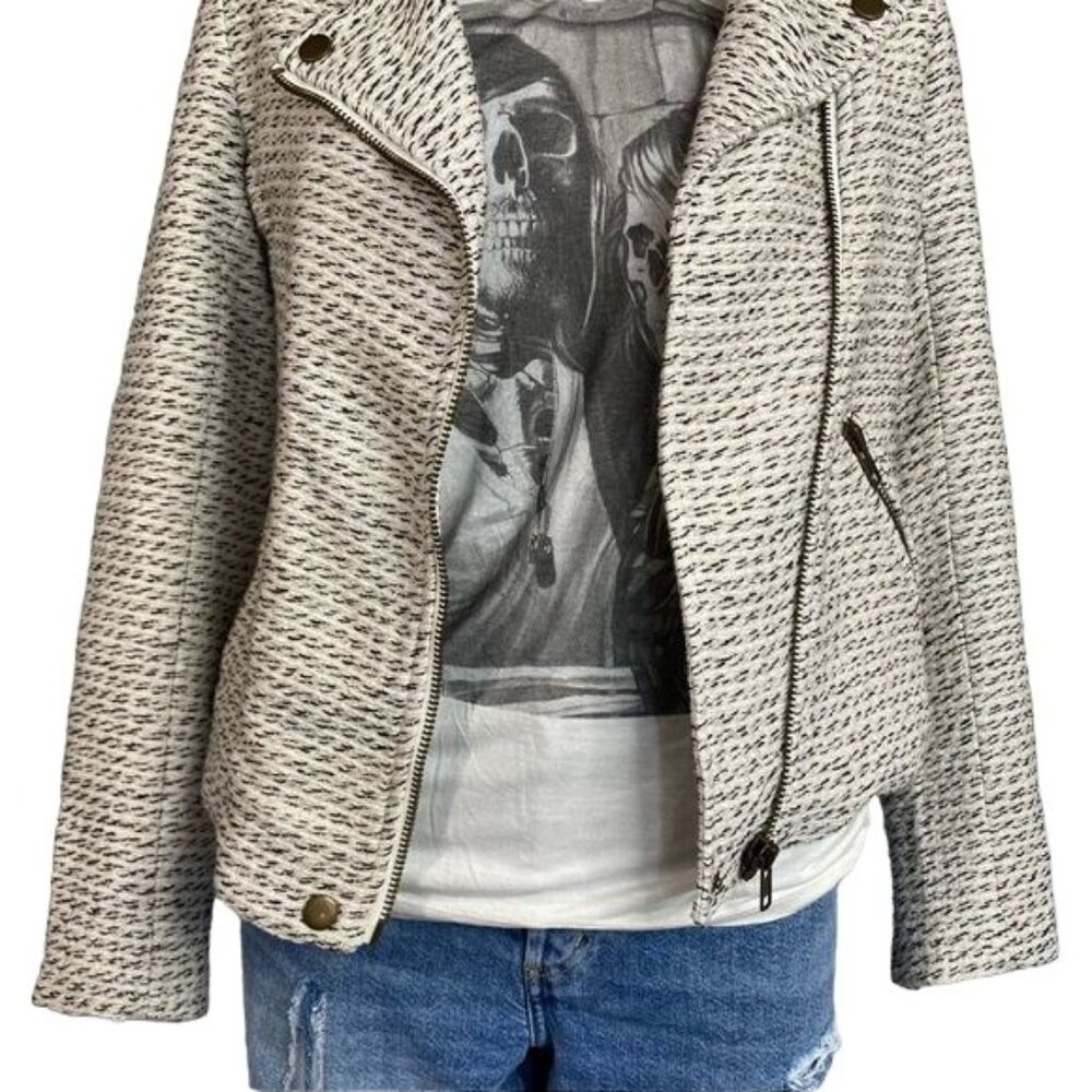 TL The Letter Moto Jacket White/Black/Gold Thread Zipper Wool Blend Size XS - Picture 3 of 12